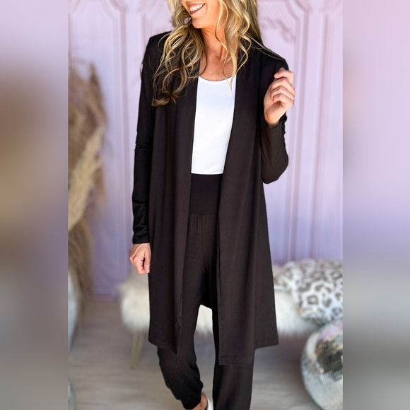 Max Studio long black open cardigan with waist tie XS - Picture 2 of 10